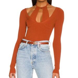 Camila Coelho Allora Sweater Top in Burnt Orange Cut Out Bust Halter Rib Knit XS